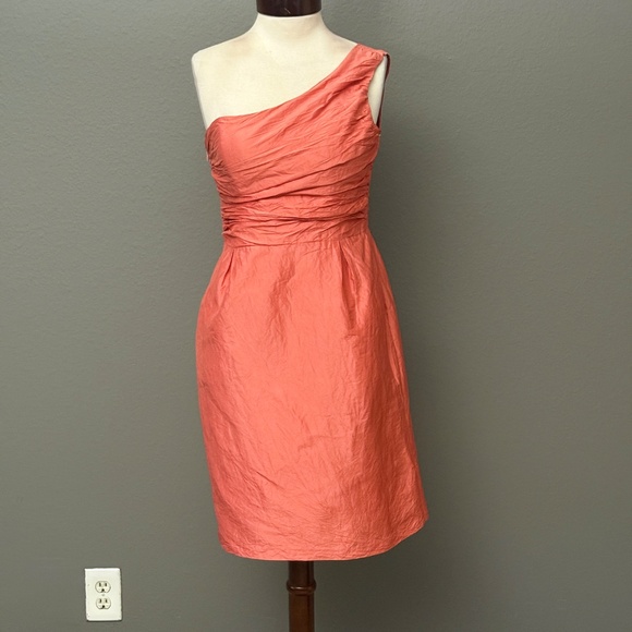 Coren Moore NY Tangerine coral One shoulder Silk Taffeta Ruched Dress Sz 8 - Picture 7 of 7